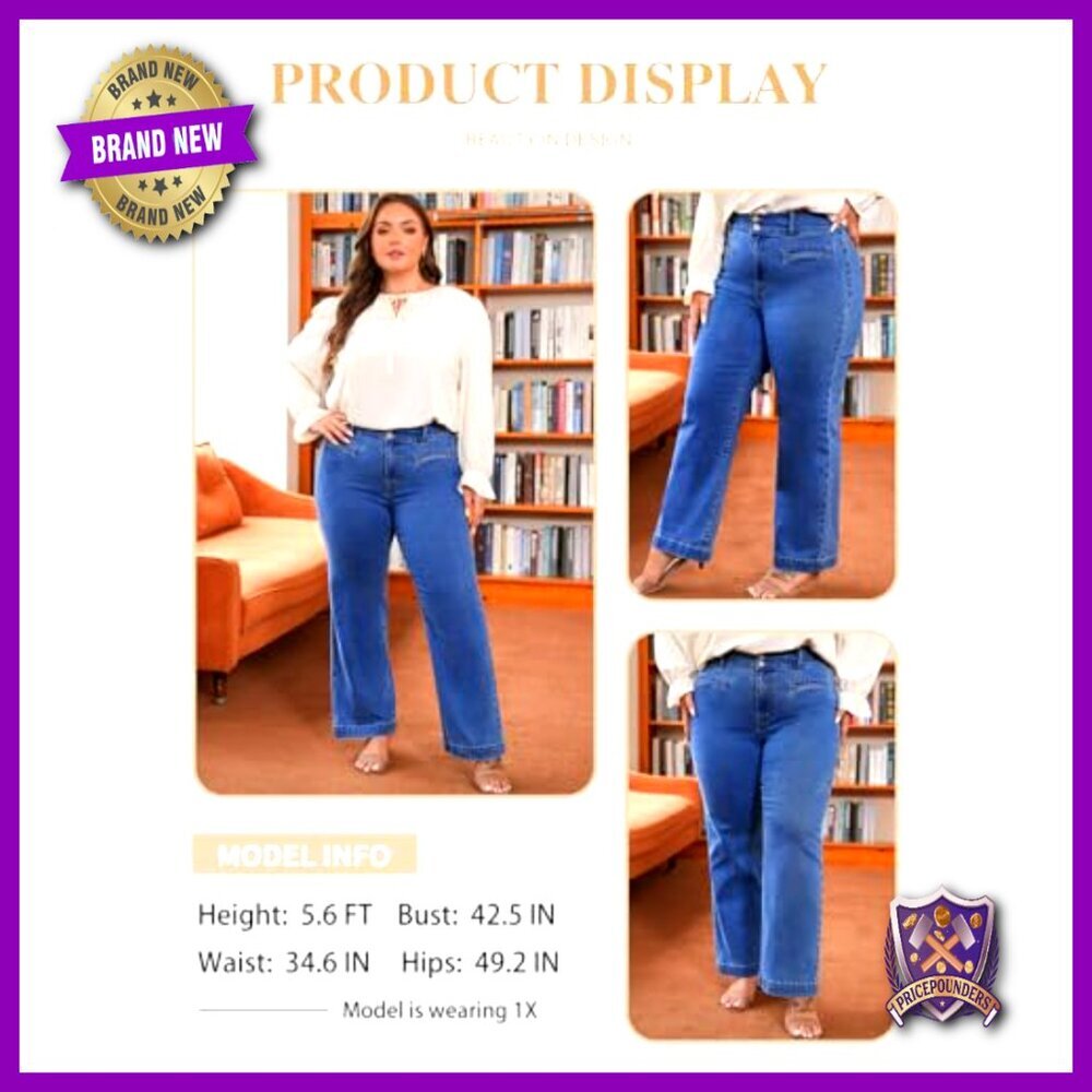 Plus Size Wide Leg Jeans High Waisted Stretchy Straight Leg Denim Pants - Picture 3 of 7